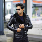 Men’s classic black faux leather biker jacket with fur collar – Coder Stitch