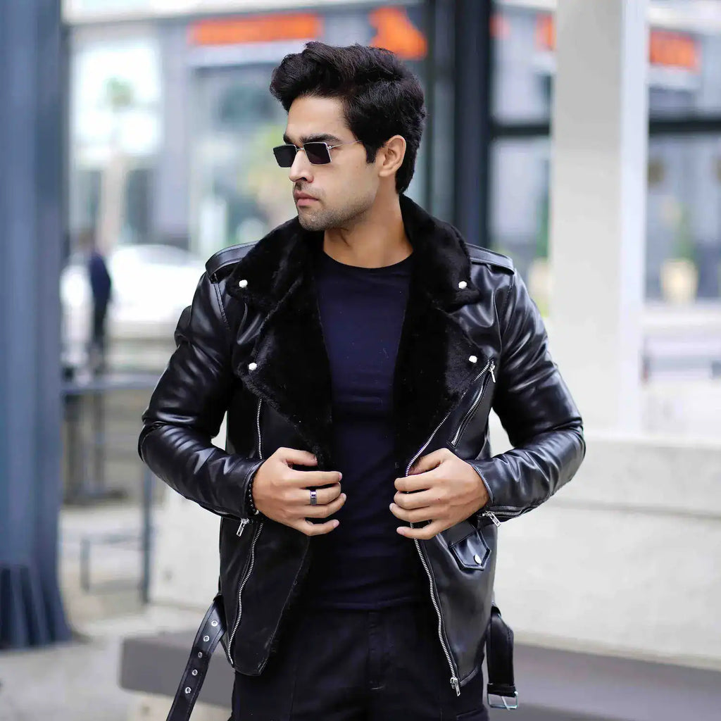 Men’s classic black faux leather biker jacket with fur collar – Coder Stitch