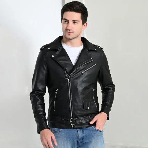 Men’s classic black faux leather biker jacket with fur collar – Coder Stitch