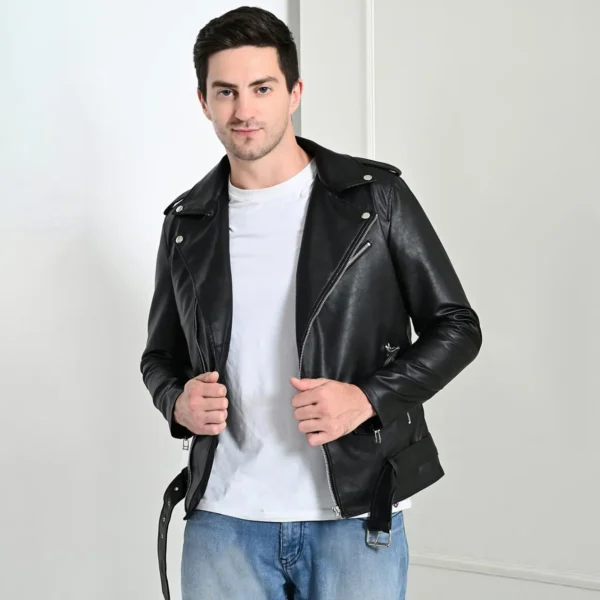 Men’s classic black faux leather biker jacket with fur collar – Coder Stitch