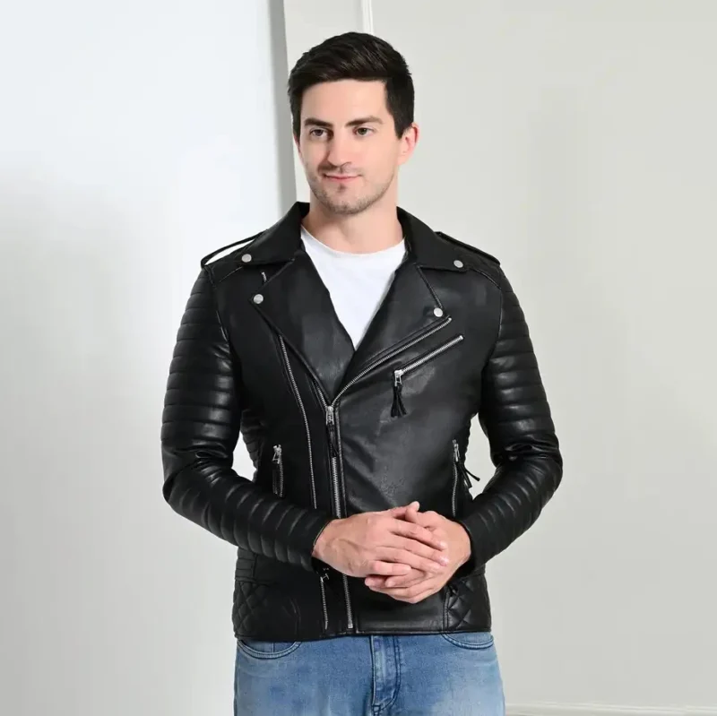 Men’s black PU leather biker jacket with quilted sleeves – stylish and rugged outerwear by Coder Stitch