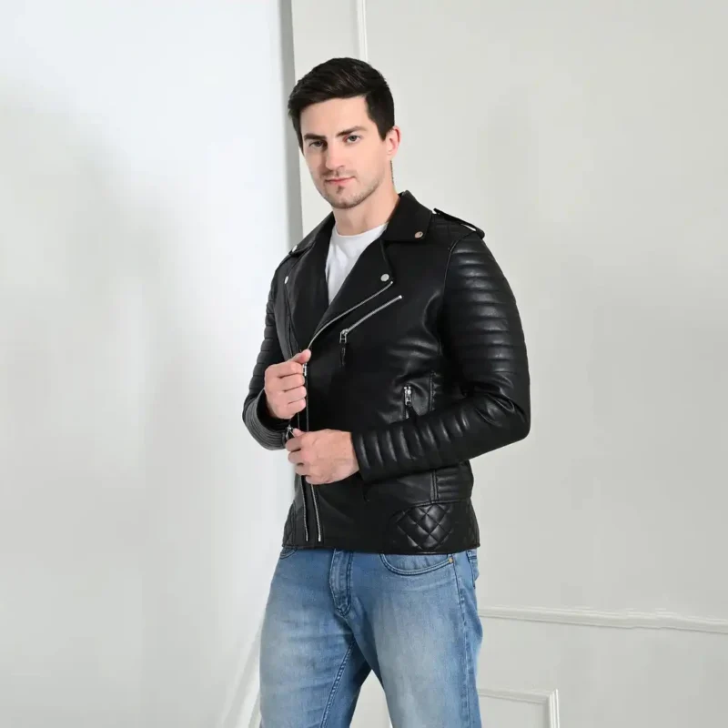 Men’s black PU leather biker jacket with quilted sleeves – stylish and rugged outerwear by Coder Stitch