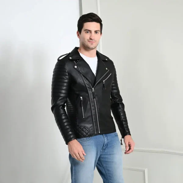 Men’s black PU leather biker jacket with quilted sleeves – stylish and rugged outerwear by Coder Stitch