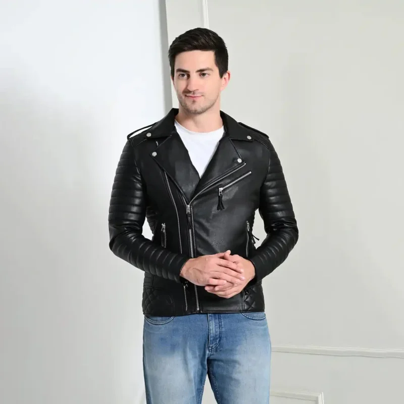 Men’s black PU leather biker jacket with quilted sleeves – stylish and rugged outerwear by Coder Stitch