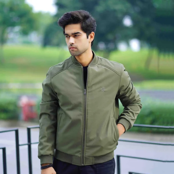 Men’s green softshell bomber jacket – lightweight and stylish outerwear by Coder Stitch