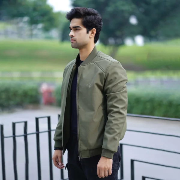Men’s green softshell bomber jacket – lightweight and stylish outerwear by Coder Stitch