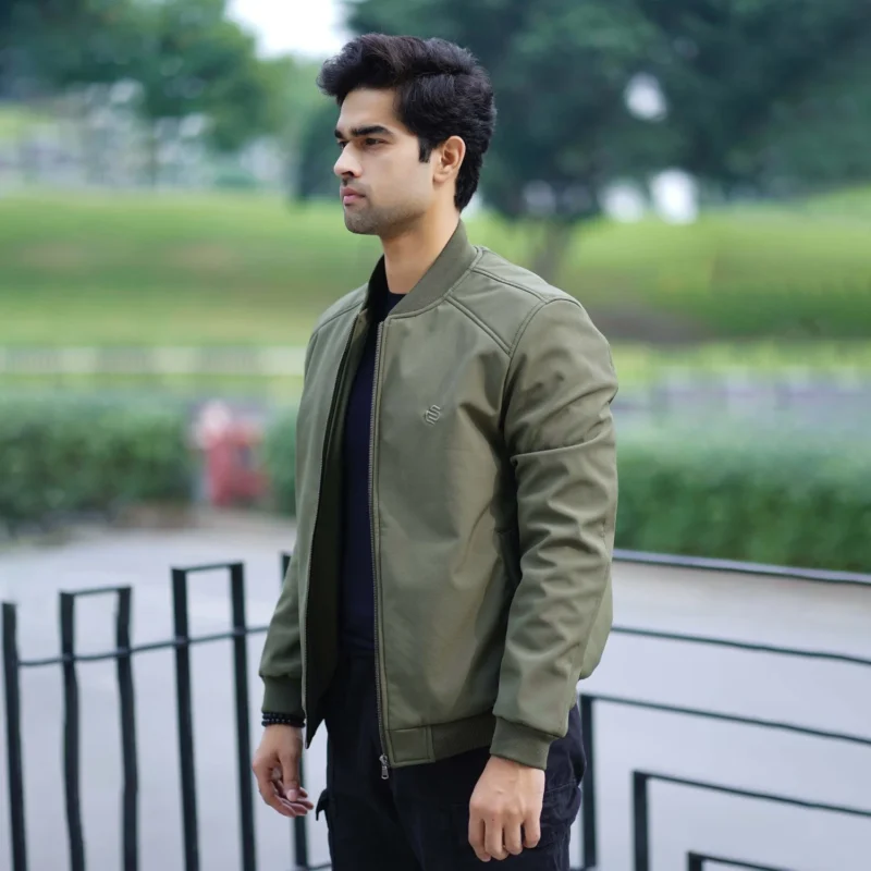 Men’s green softshell bomber jacket – lightweight and stylish outerwear by Coder Stitch