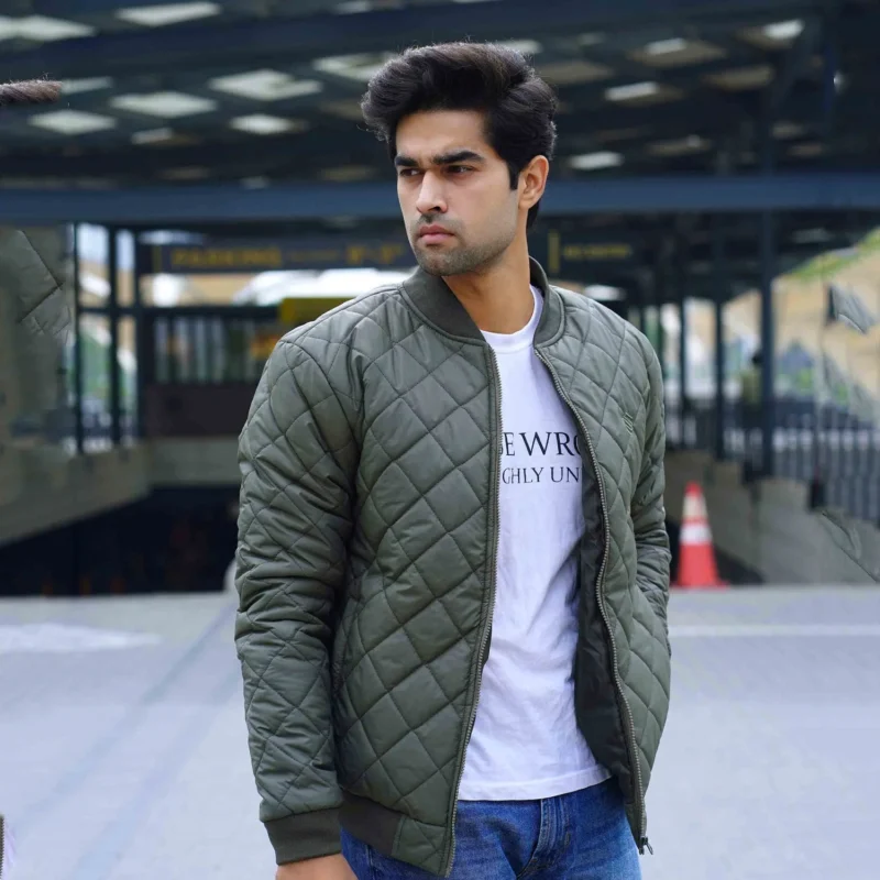 Men’s green quilted bomber down jacket – winter wear by Coder Stitch