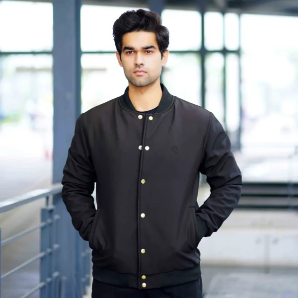 Men’s black softshell bomber jacket with front button closure – winter outerwear by Coder Stitch