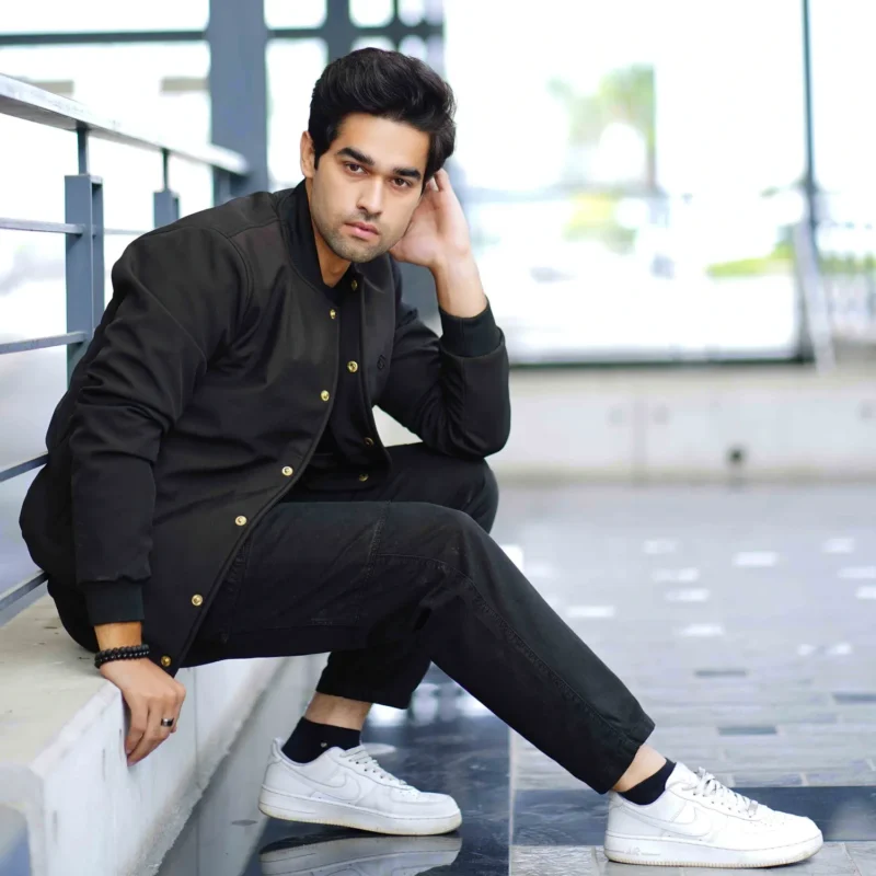 Men’s black softshell bomber jacket with front button closure – winter outerwear by Coder Stitch
