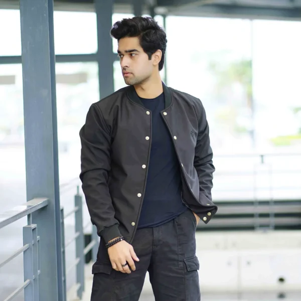 Men’s black softshell bomber jacket with front button closure – winter outerwear by Coder Stitch