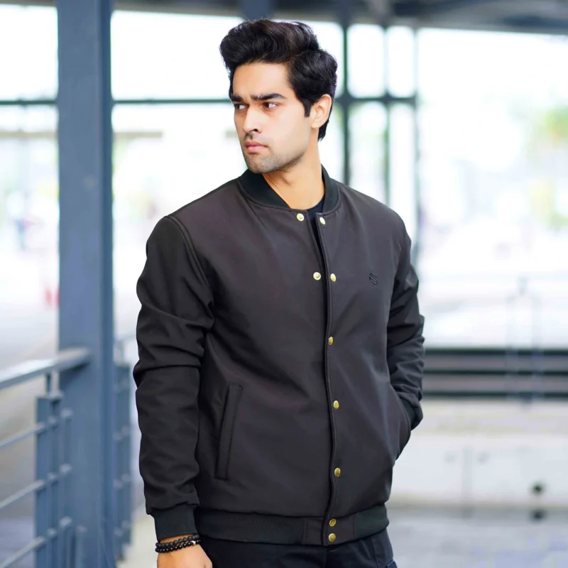 Men’s black softshell bomber jacket with front button closure – winter outerwear by Coder Stitch