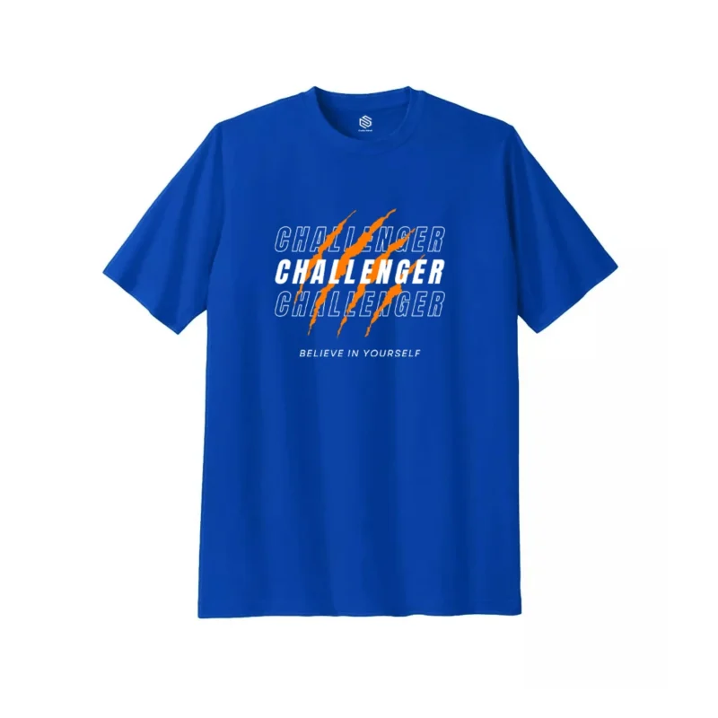 Man wearing a blue graphic printed T-shirt with "Challenger" text and slogan
