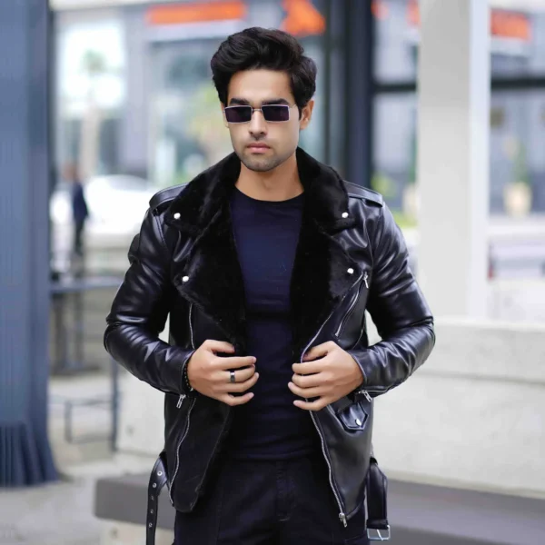 Men’s classic black faux leather biker jacket with fur collar – Coder Stitch