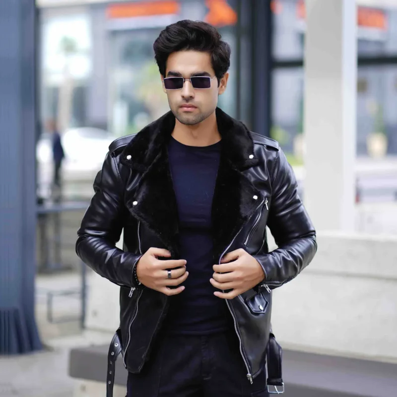 Men’s classic black faux leather biker jacket with fur collar – Coder Stitch
