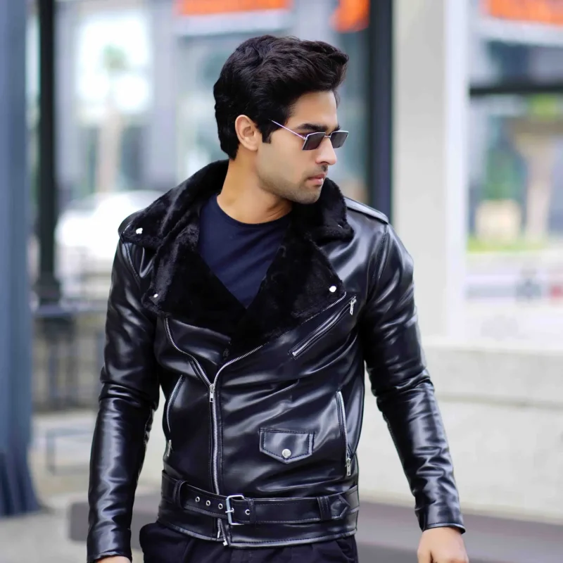 Men’s classic black faux leather biker jacket with fur collar – Coder Stitch