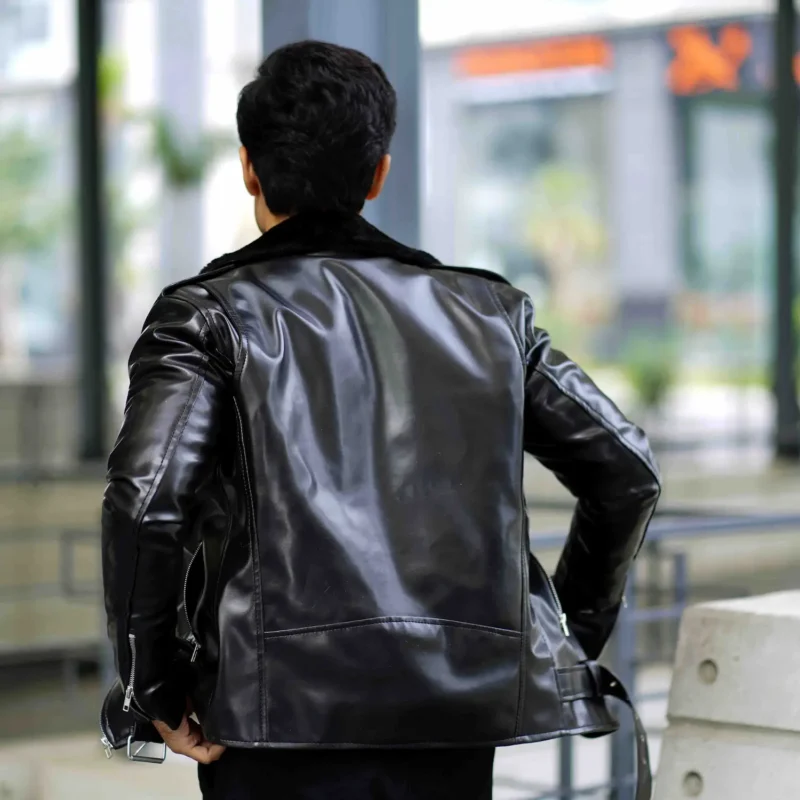 Men’s classic black faux leather biker jacket with fur collar – Coder Stitch