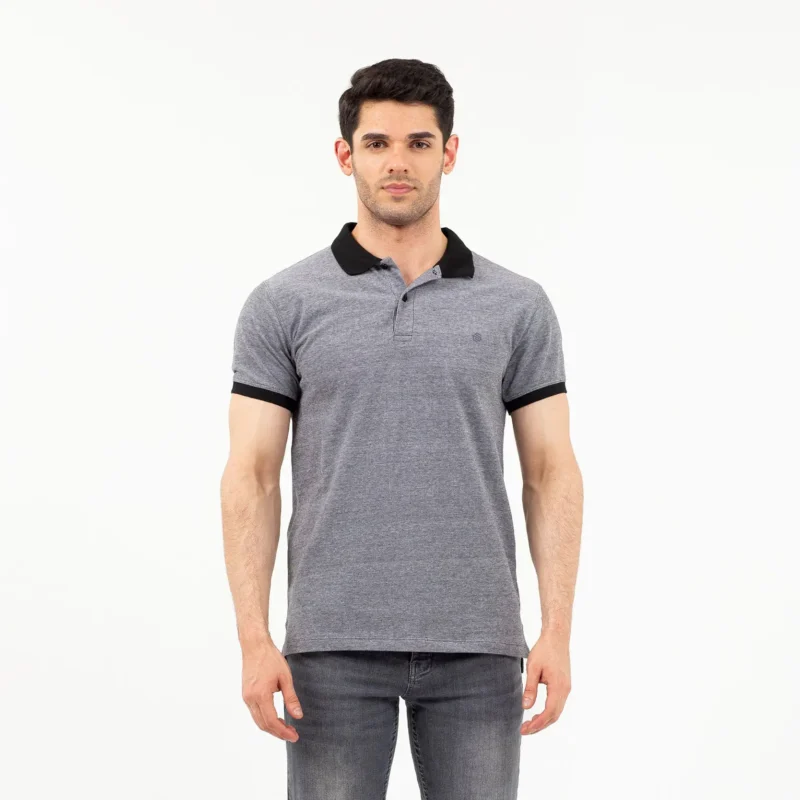 Men's Grey Textured Polo Shirt with Black Collar by Coder Stitch – Summer Casual Wear