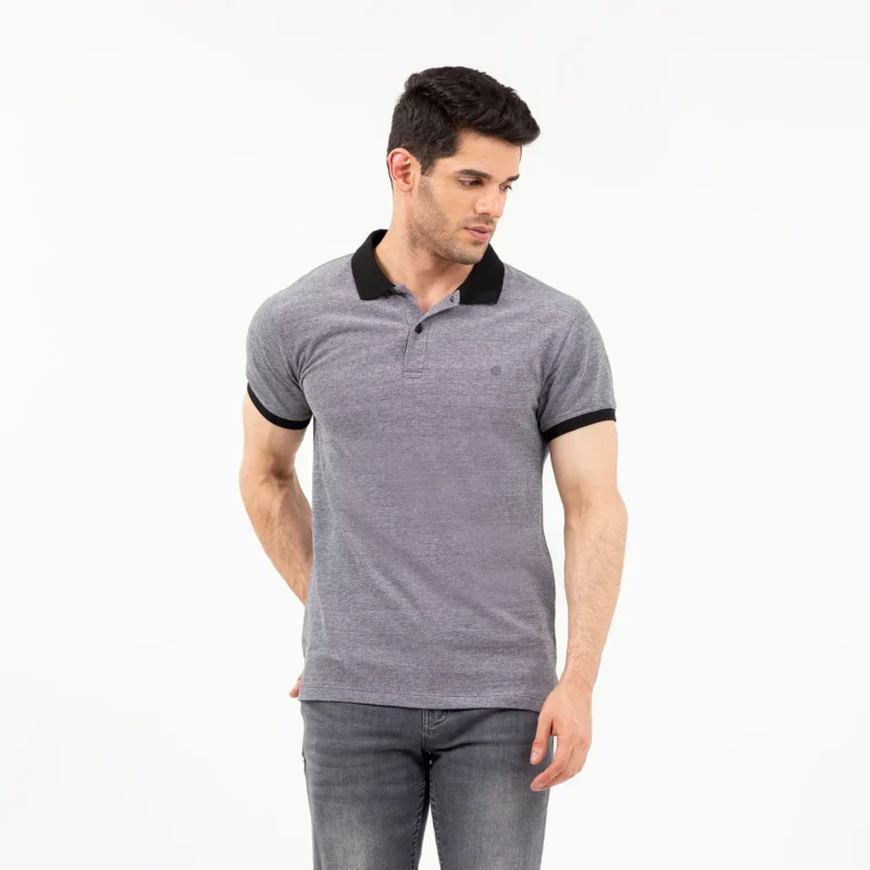Men's Grey Textured Polo Shirt with Black Collar by Coder Stitch – Summer Casual Wear