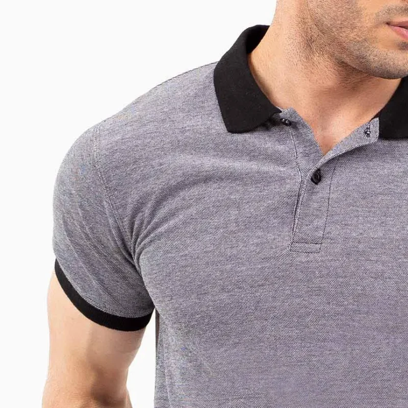 Men's Grey Textured Polo Shirt with Black Collar by Coder Stitch – Summer Casual Wear