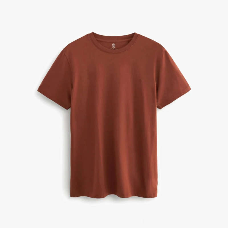 Man wearing a plain brown cotton T-shirt with round neck – front view