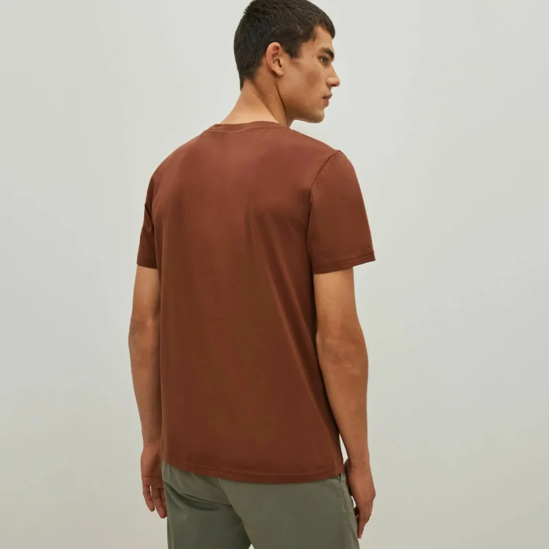 Man wearing a plain brown cotton T-shirt with round neck – front view