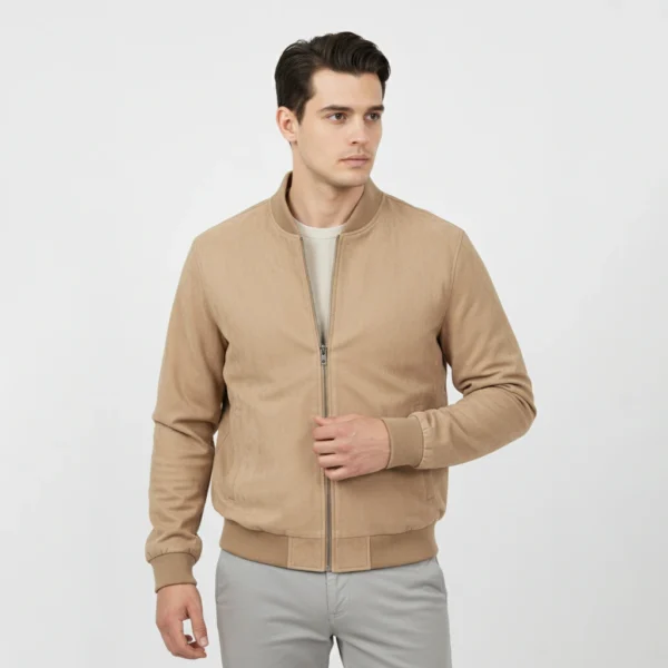 Beige Suede Bomber Jacket
