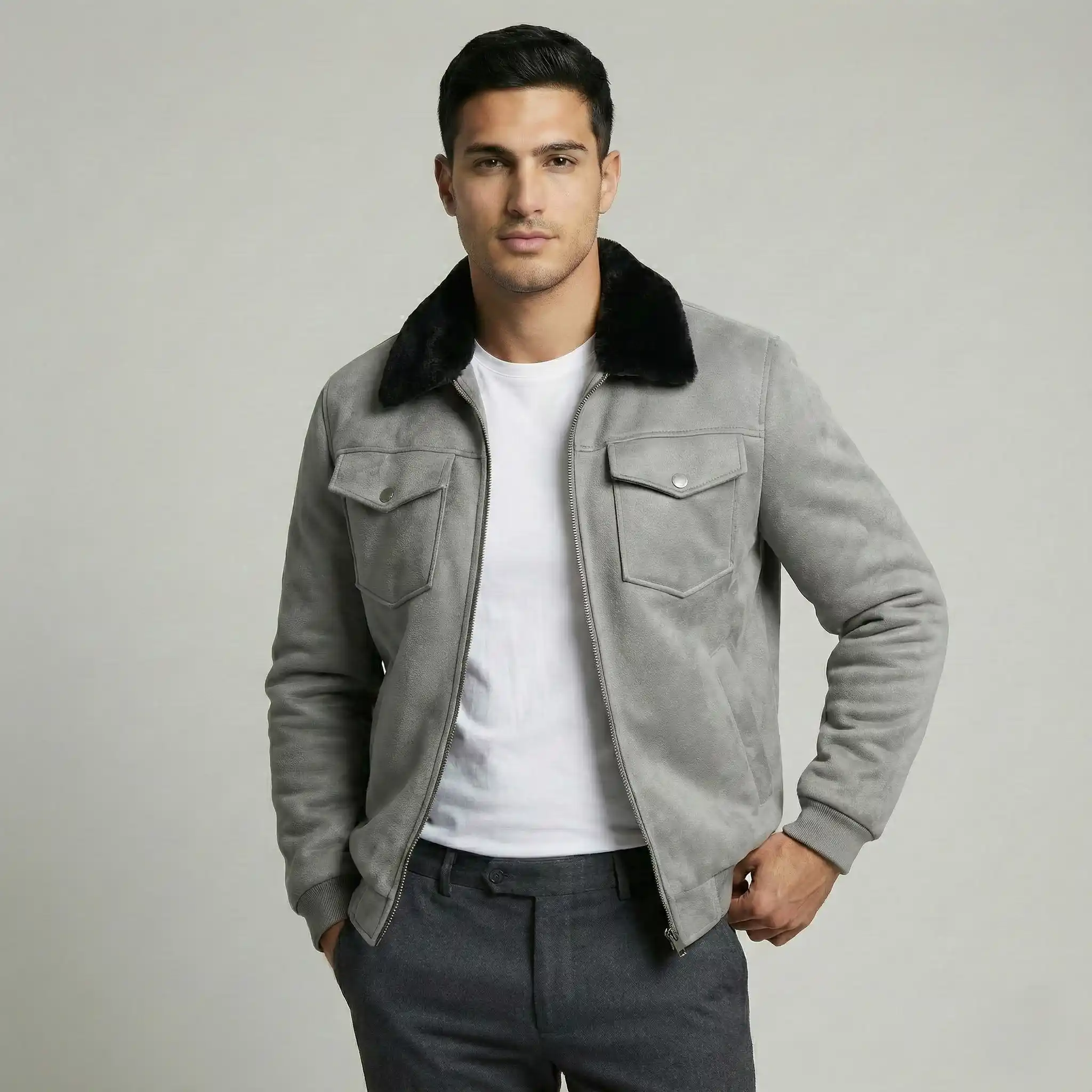 Grey Suede Jacket with Fur Collar - Image 2