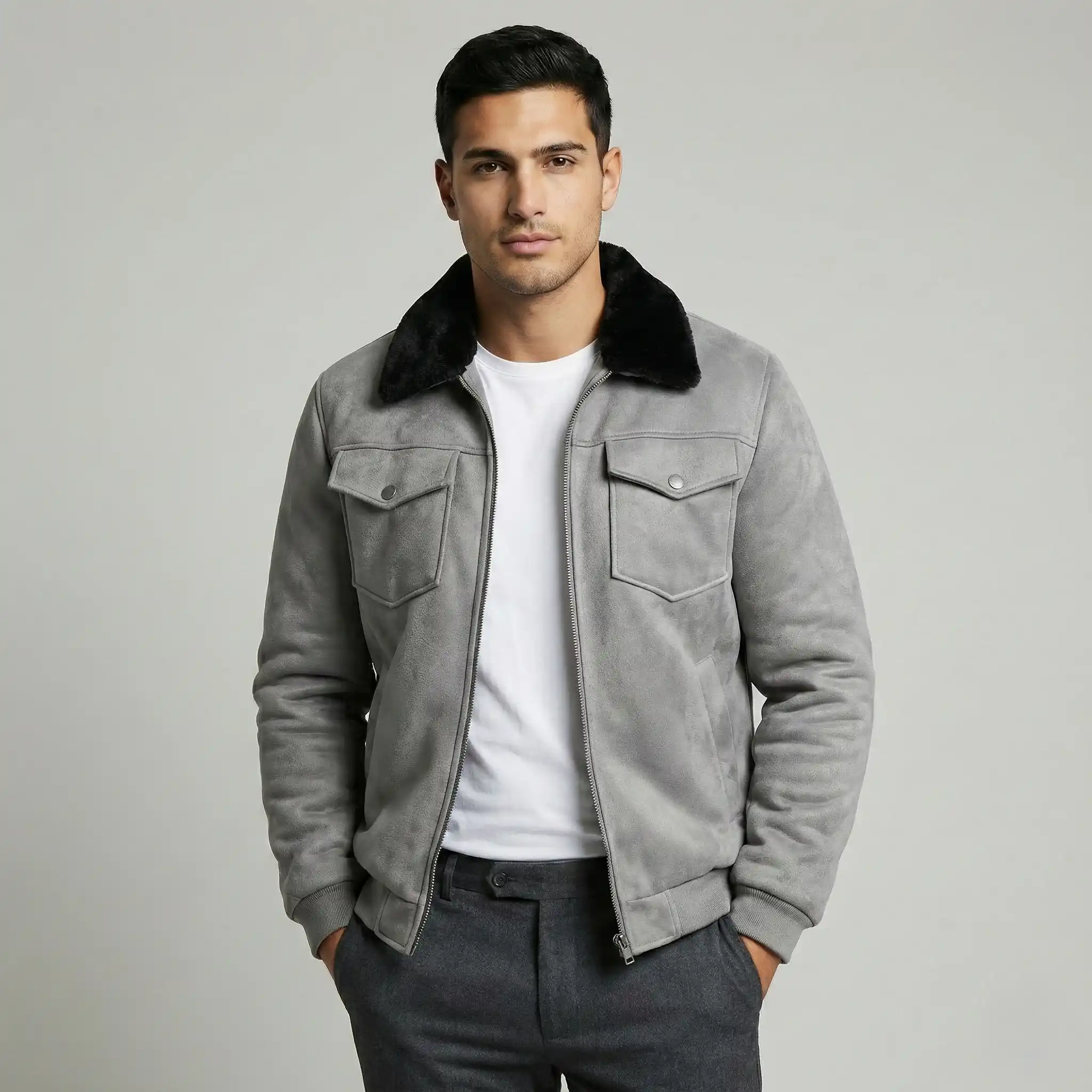 Grey Suede Jacket with Fur Collar