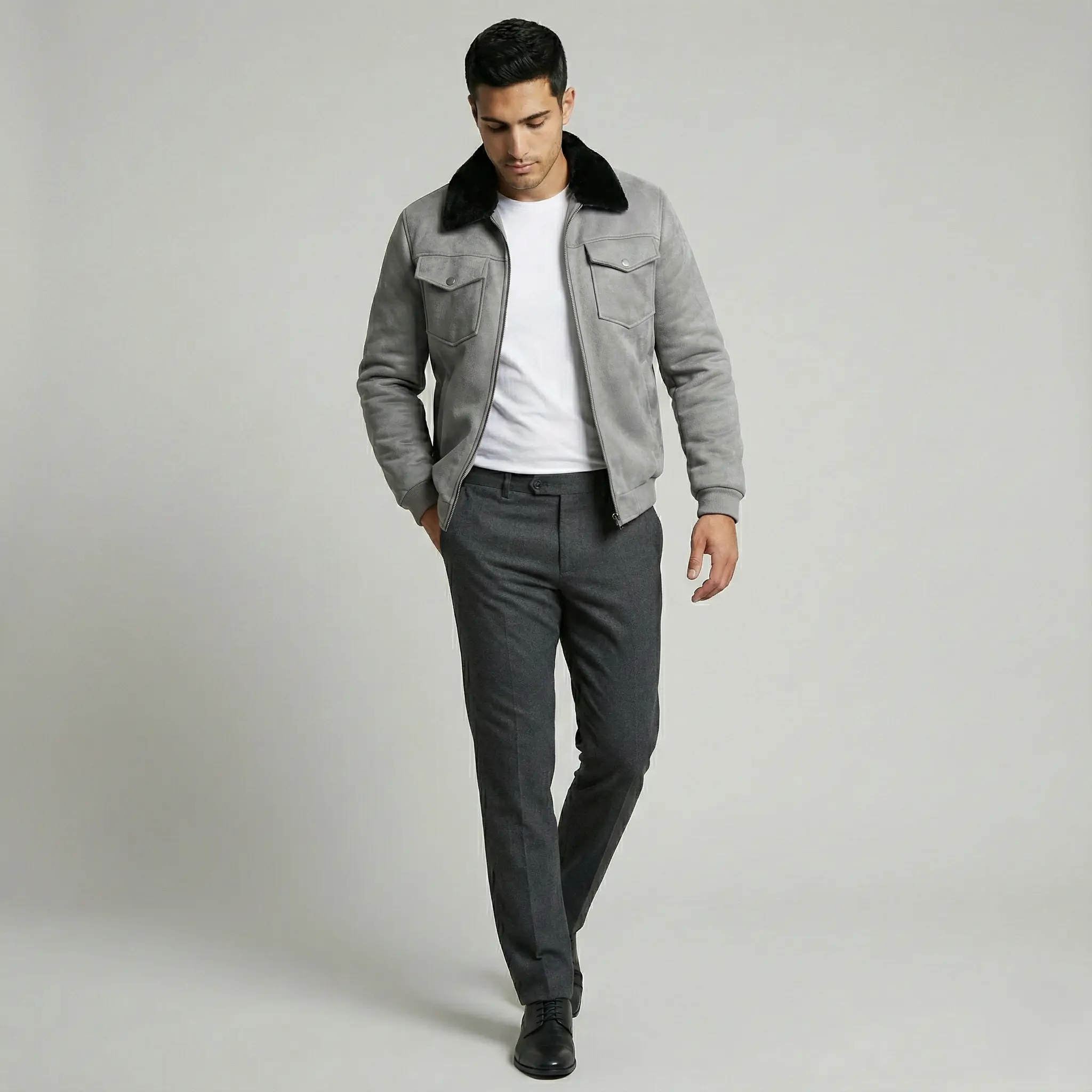 Grey Suede Jacket with Fur Collar - Image 4