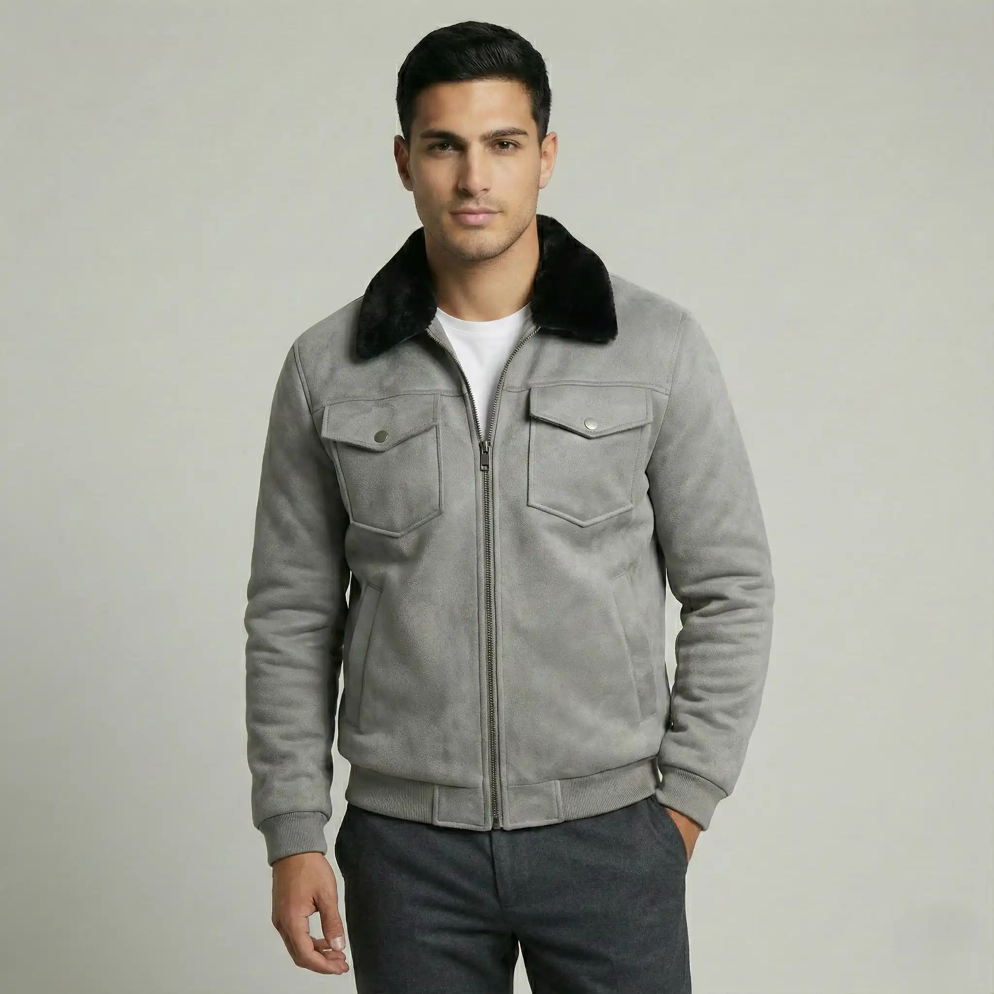 Grey Suede Jacket with Fur Collar - Image 5
