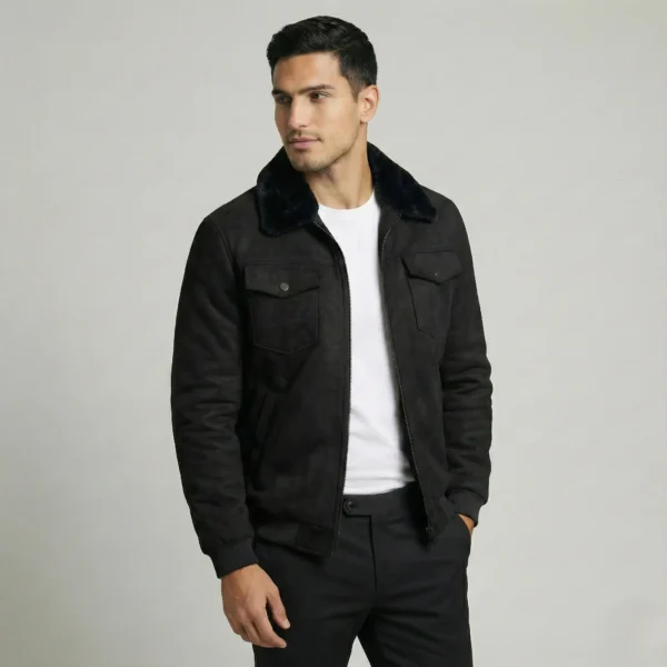 Black Suede Jacket with Fur Collar