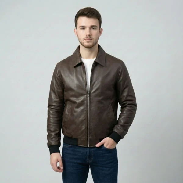 DK Brown Faux Leather Bomber Jacket