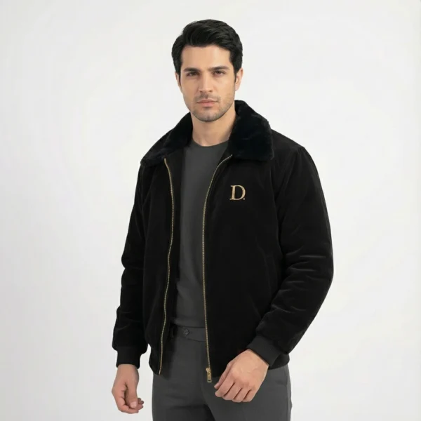 Front view of men's black velvet winter jacket featuring a black faux fur collar and gold "D" embroidery on the chest.