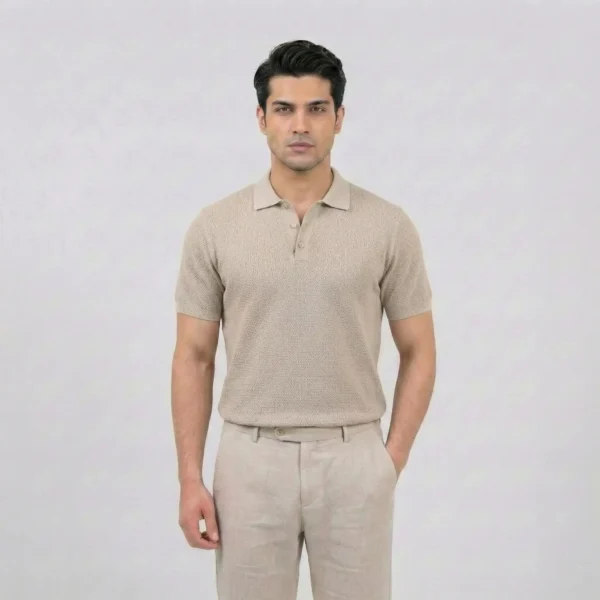 Beige Textured Knit Polo