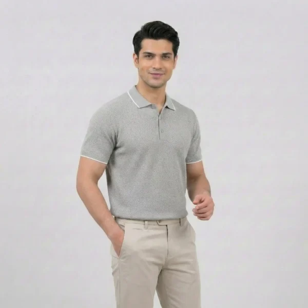 Grey Textured Tipped Knit Polo