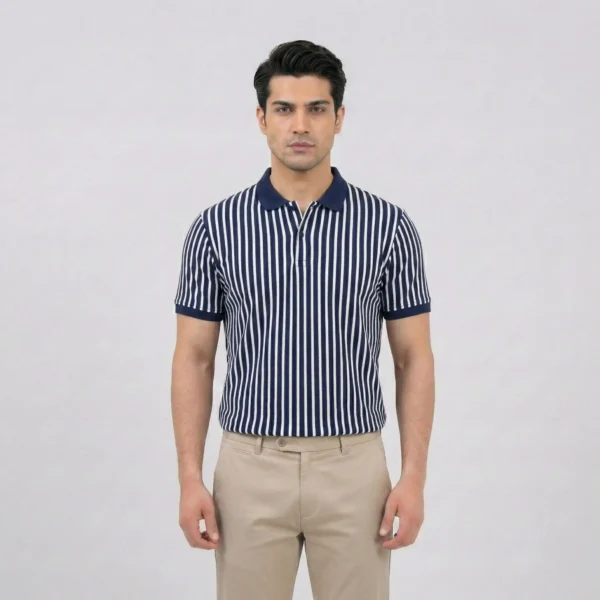 Navy Vertical Stripe Tailored Polo