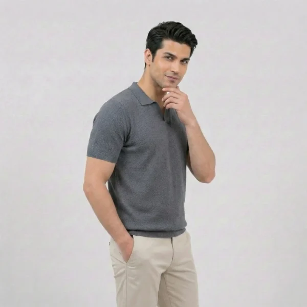 Charcoal Knitted V-Neck Polo