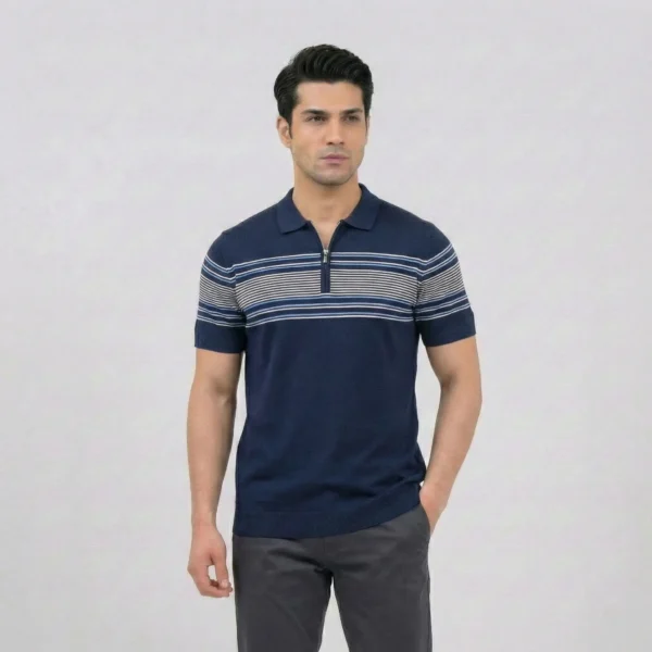 Navy Quarter-Zip Striped Polo