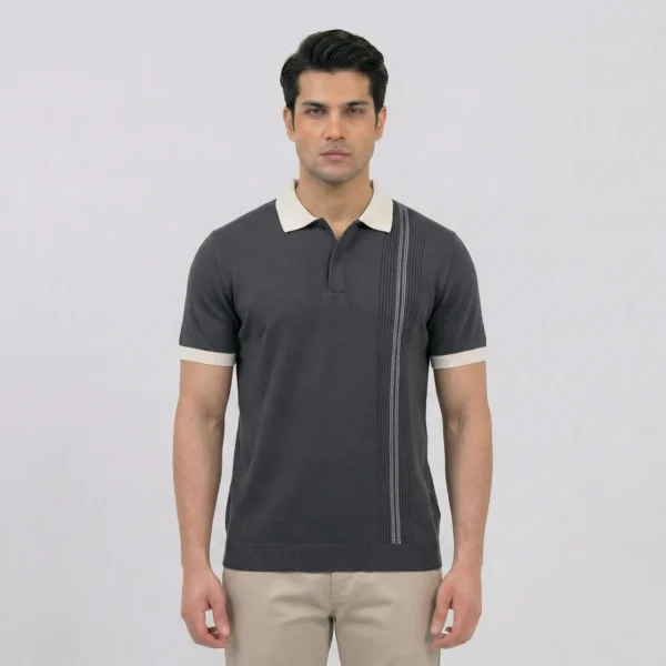 Charcoal Vertical Stripe Knit Polo