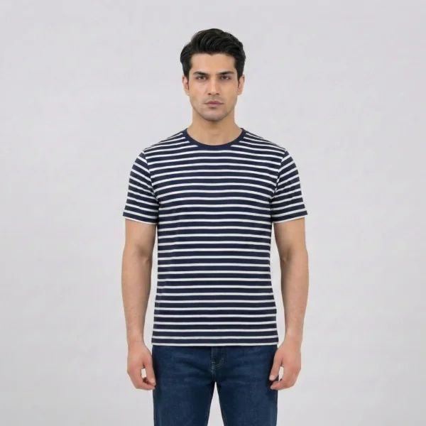 Navy Blue Striped Crew Neck