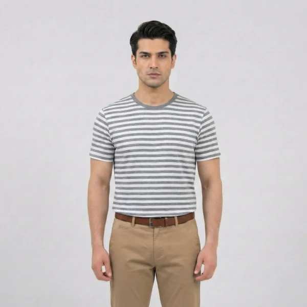 Grey Striped Crew Neck Tee
