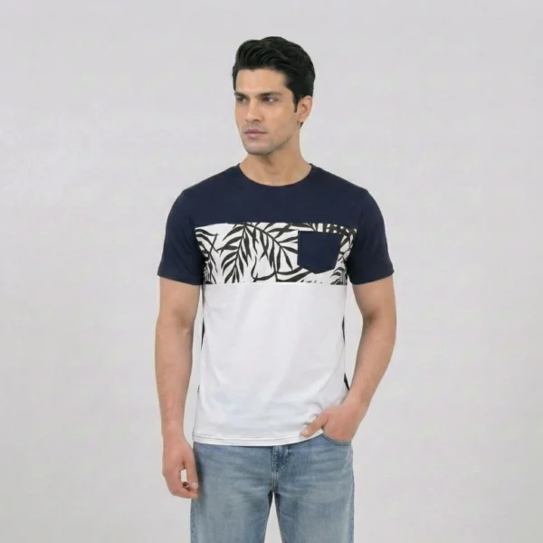 Navy White Tropical Panel Tee