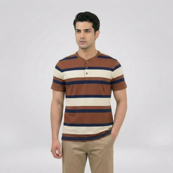 Earth-Tone Multi-Stripe Henley Tee